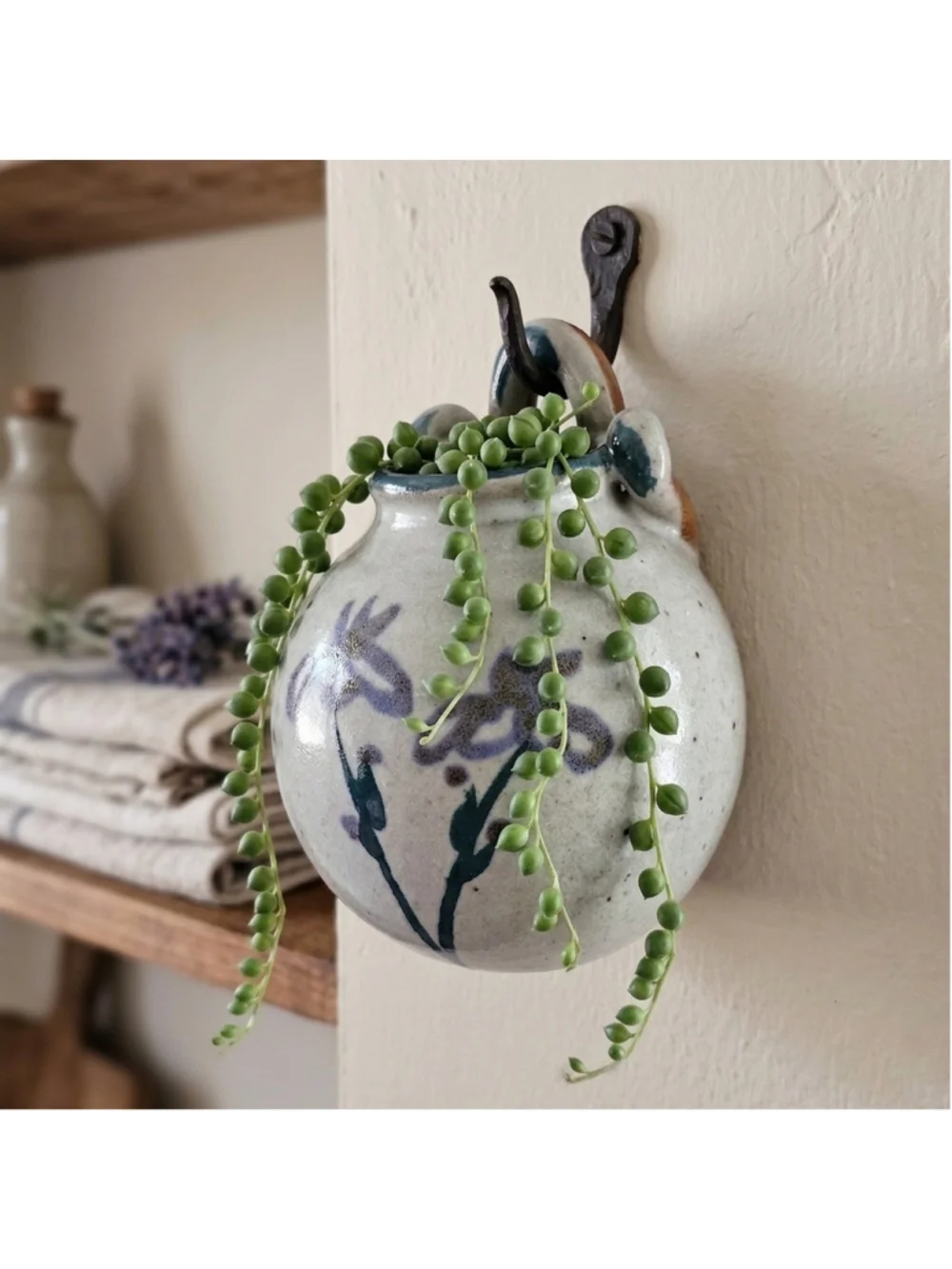 Vintage Studio Pottery Stoneware Wall Pocket Vase Blue Floral Hand Painted 3.5